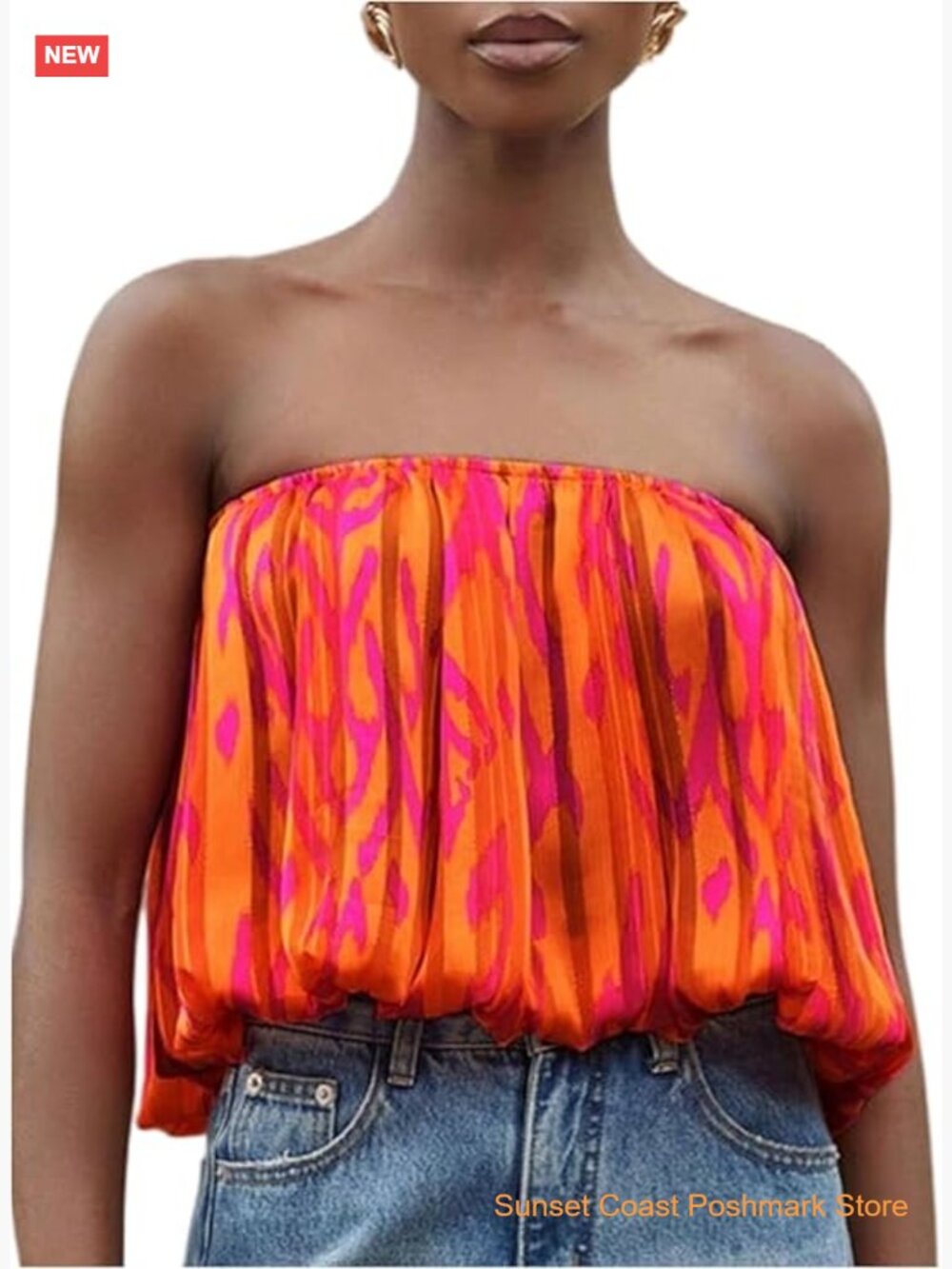 Women's Printed Bubble Tube Top Strapless Sleeveless Bandeau Going Out Top